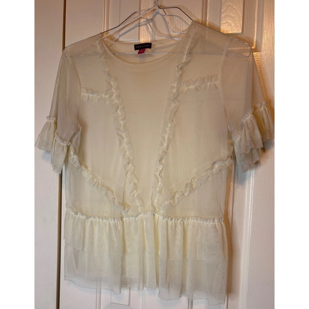 Vince Camuto Sheer White Nylon Mesh Tiered Ruffle XS Top